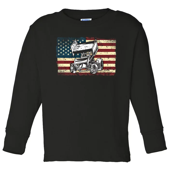 Dirt Track Racing Sprint Car Vintage Retro American Flag Gift Toddler Long Sleeve Shirt