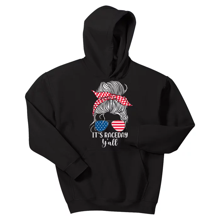 Dirt Track Racing Race Girl Usa American Flag Glasses Bun Kids Hoodie