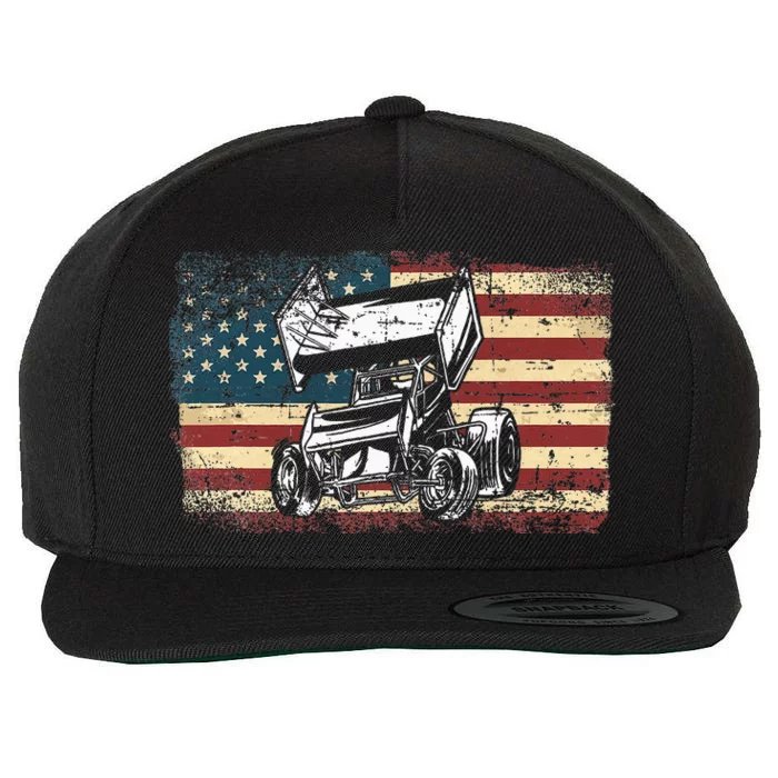 Dirt Track Racing Sprint Car Vintage Retro American Flag Wool Snapback Cap