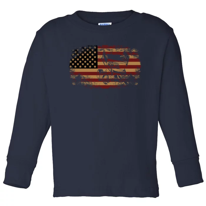 Dirt Track Racing Sprint Car Vintage Usa American Flag Gift Toddler Long Sleeve Shirt