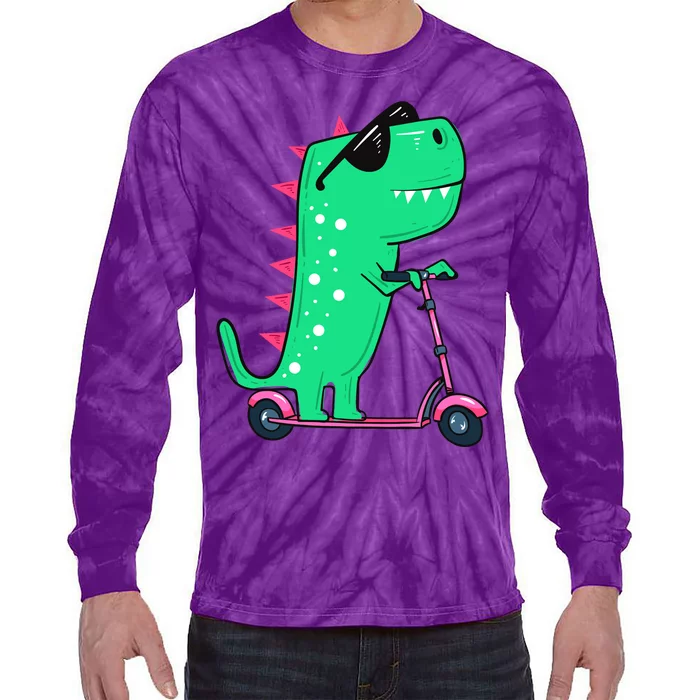 Dinosaur Trex Riding Scooter Tie-Dye Long Sleeve Shirt