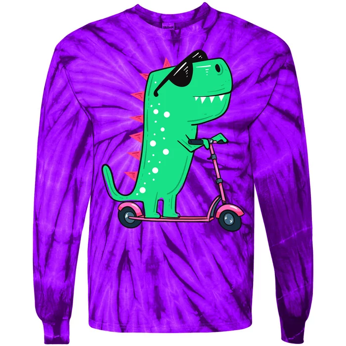 Dinosaur Trex Riding Scooter Tie-Dye Long Sleeve Shirt