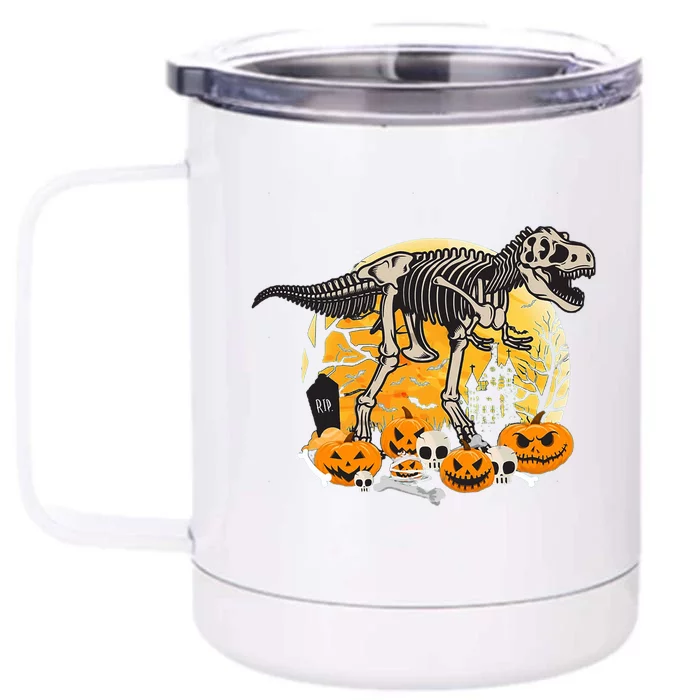 Dinosaur T Rex Skeleton Pumpkin Halloween Vibe Costume Gift Front & Back 12oz Stainless Steel Tumbler Cup