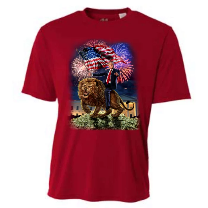 Donald Trump Riding Lion American Flag Trump 2024 Gift Cooling Performance Crew T-Shirt