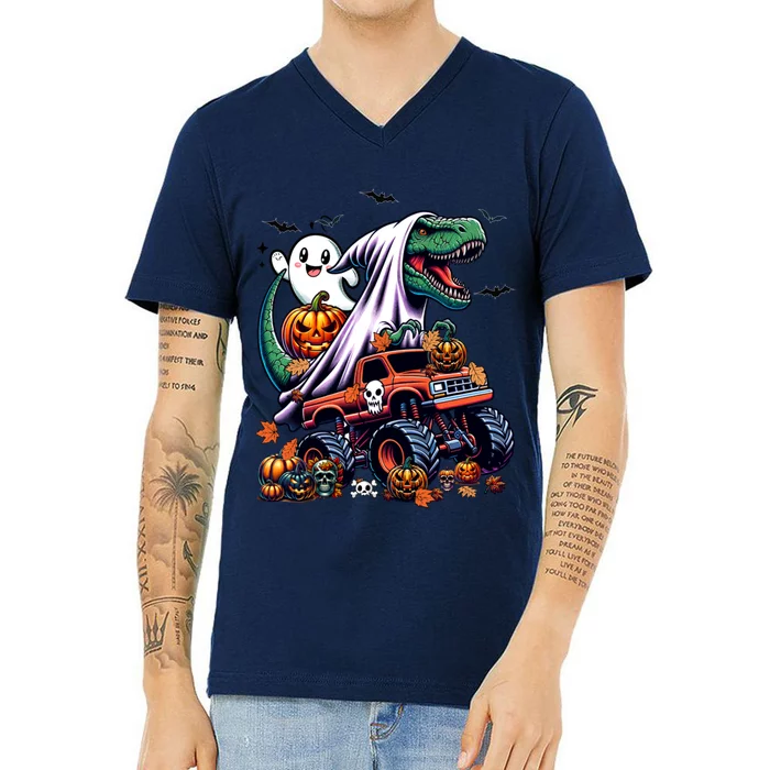 Dinosaur T Rex Ghost Riding Monster Trucks Pumpkin Halloween V-Neck T-Shirt