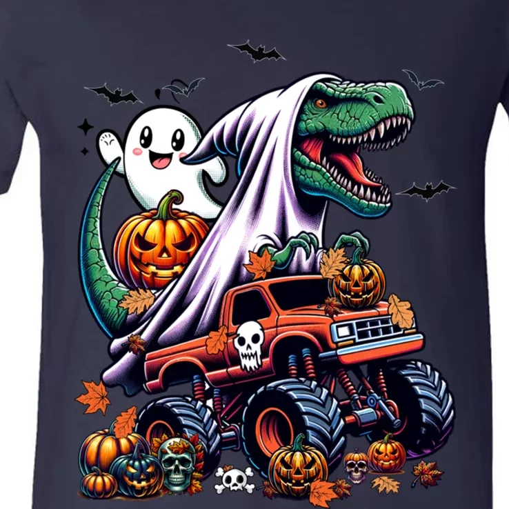 Dinosaur T Rex Ghost Riding Monster Trucks Pumpkin Halloween V-Neck T-Shirt