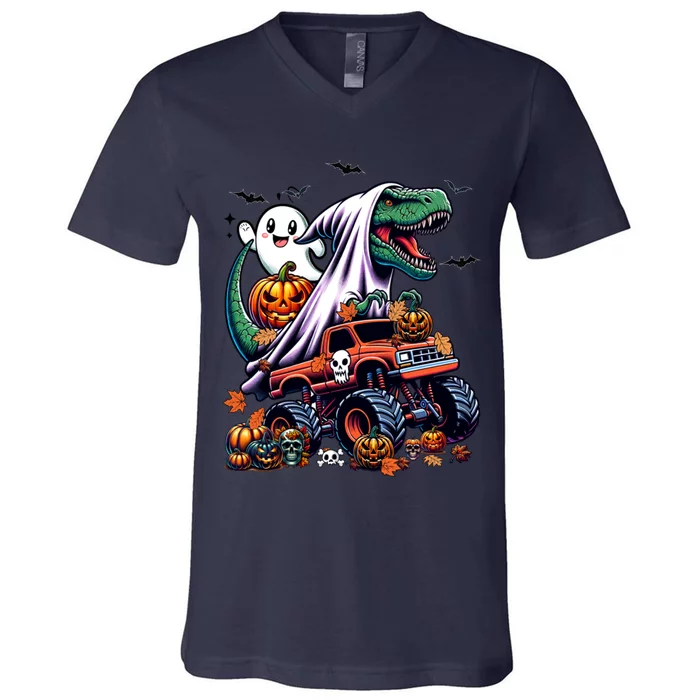 Dinosaur T Rex Ghost Riding Monster Trucks Pumpkin Halloween V-Neck T-Shirt