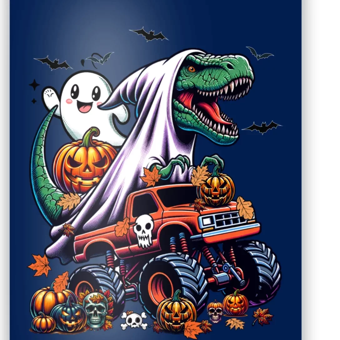 Dinosaur T Rex Ghost Riding Monster Trucks Pumpkin Halloween Poster