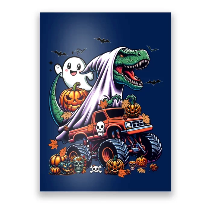 Dinosaur T Rex Ghost Riding Monster Trucks Pumpkin Halloween Poster