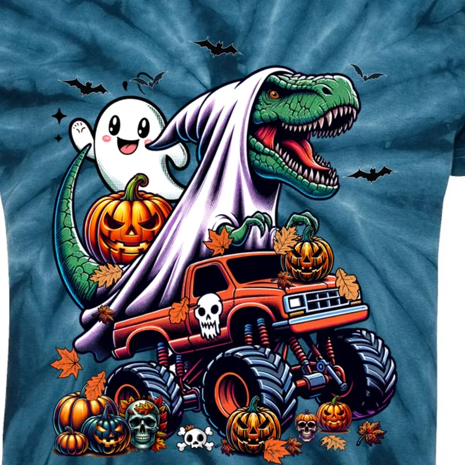 Dinosaur T Rex Ghost Riding Monster Trucks Pumpkin Halloween Kids Tie-Dye T-Shirt