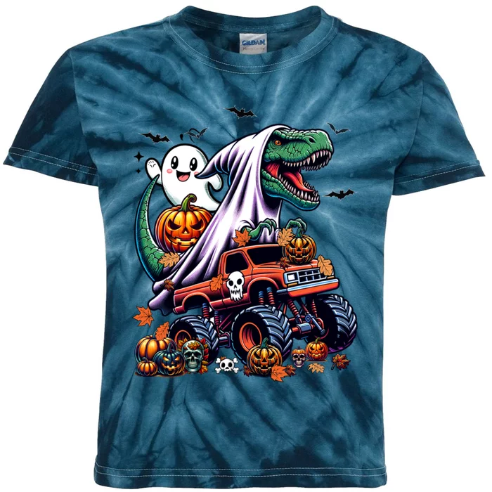 Dinosaur T Rex Ghost Riding Monster Trucks Pumpkin Halloween Kids Tie-Dye T-Shirt