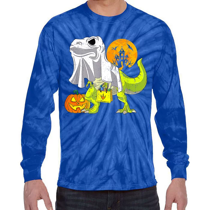 Dinosaur T Rex Skeleton Pumpkin With Moon Halloween Costume Great Gift Tie-Dye Long Sleeve Shirt