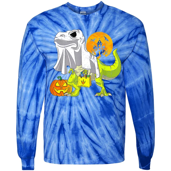 Dinosaur T Rex Skeleton Pumpkin With Moon Halloween Costume Great Gift Tie-Dye Long Sleeve Shirt