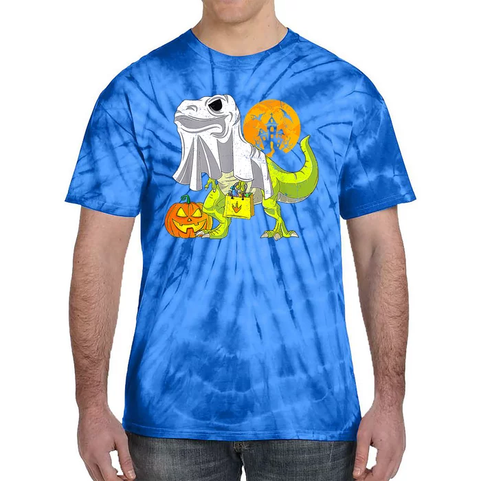 Dinosaur T Rex Skeleton Pumpkin With Moon Halloween Costume Great Gift Tie-Dye T-Shirt