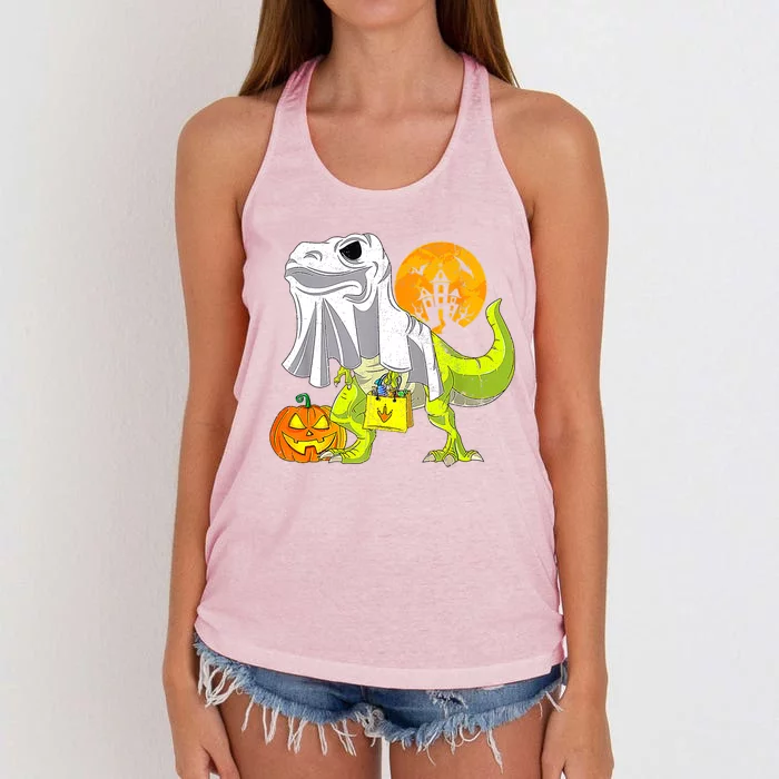 Dinosaur T Rex Skeleton Pumpkin With Moon Halloween Costume Great Gift Women's Knotted Racerback Tank