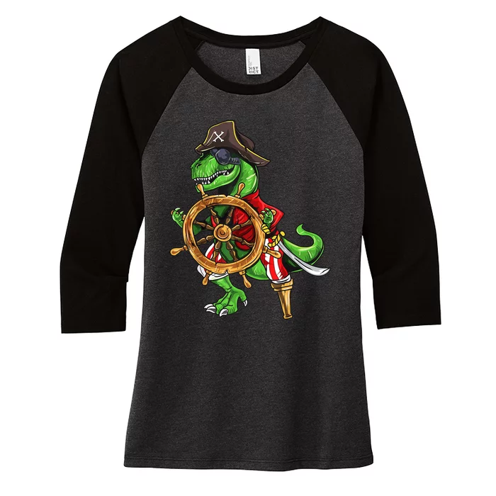 Dinosaur T Rex Pirate Hat Jolly Roger Halloween Skull Women's Tri-Blend 3/4-Sleeve Raglan Shirt