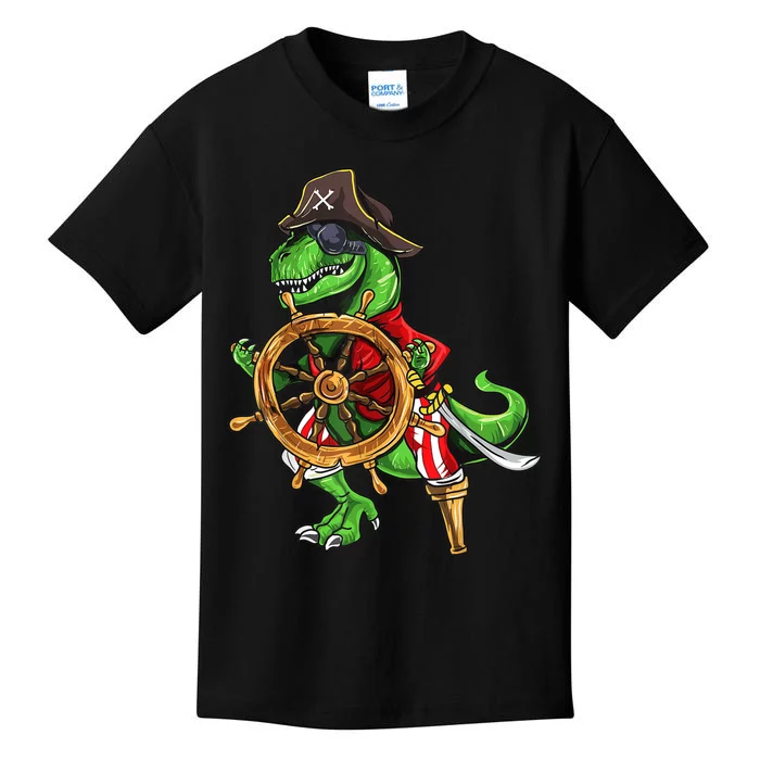 Dinosaur T Rex Pirate Hat Jolly Roger Halloween Skull Kids T-Shirt