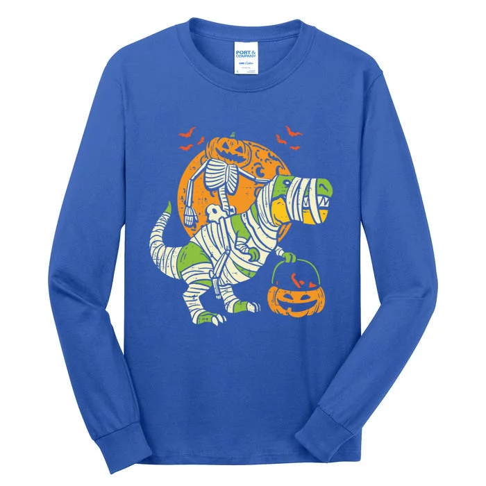 Dinosaur T Rex Skeleton Pumpkin With Moon Halloween Costume Cool Gift Tall Long Sleeve T-Shirt