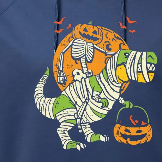 Dinosaur T Rex Skeleton Pumpkin With Moon Halloween Costume Cool Gift Performance Fleece Hoodie