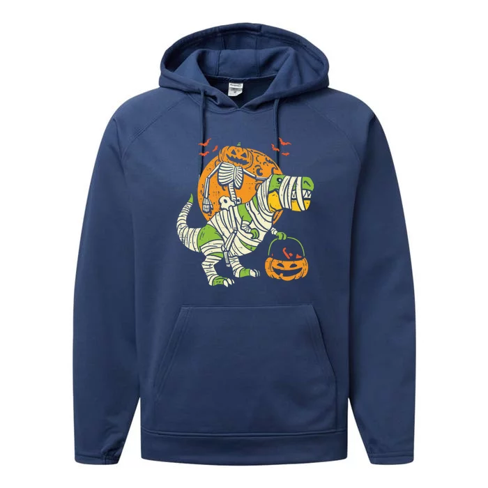 Dinosaur T Rex Skeleton Pumpkin With Moon Halloween Costume Cool Gift Performance Fleece Hoodie