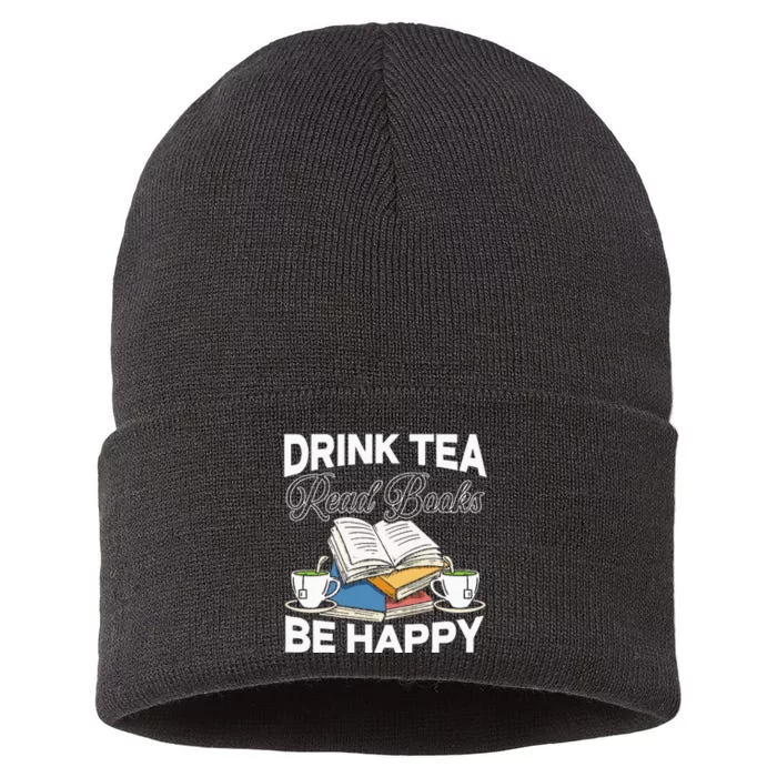 Drink Tea Read Books Be Happy Bibliophile Abibliophobia Sustainable Knit Beanie