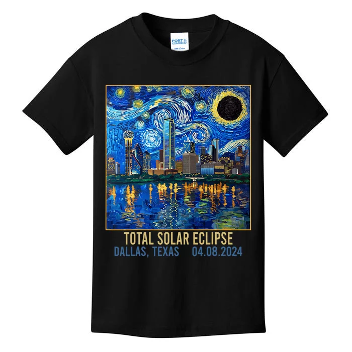 Dallas Texas Skyline Artistic Total Solar Eclipse 2024 Kids T-Shirt