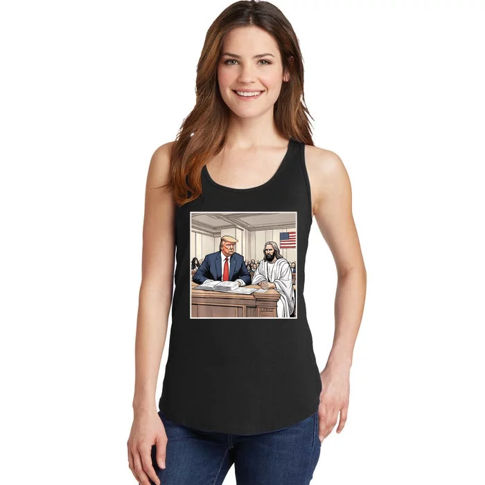 Donald Trump Sitting Next To Jesus In Court Ladies Essential Tank