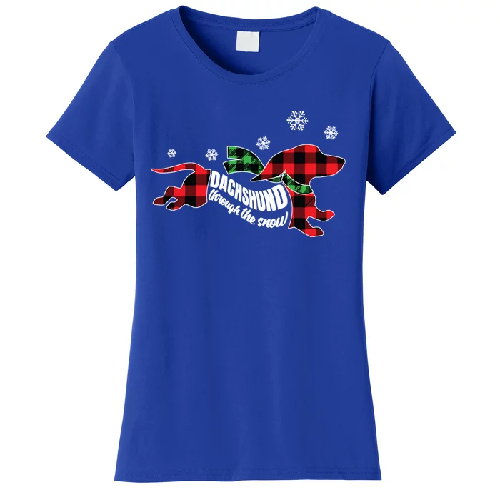 Dachshundthrough The Snow Doxie Dog Plaid Christmas Cool Gift Women's T-Shirt