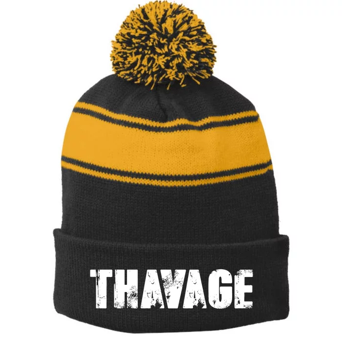 Distressed Thavage Savage Workout Gym Bodybuilding Stripe Pom Pom Beanie