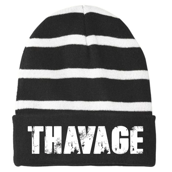 Distressed Thavage Savage Workout Gym Bodybuilding Striped Beanie with Solid Band