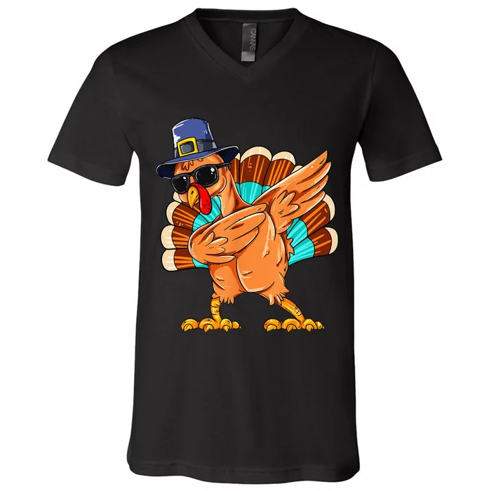 Dabbing Turkey Thanksgiving Day Pilgrim Funny Dab V-Neck T-Shirt