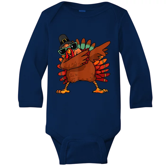 Dabbing Turkey Thanksgiving Day Pilgrim Funny Dab Baby Long Sleeve Bodysuit