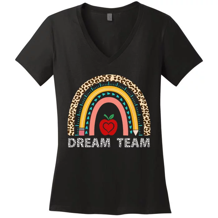 Dream Team Teacher Squad Back To School Leopard Rainbow Women's V-Neck T-Shirt