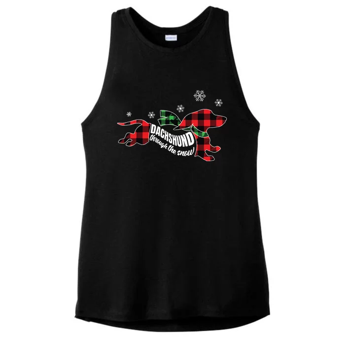 Dachshund Through The Snow Doxie Dog Plaid Christmas Gift Ladies Tri-Blend Wicking Tank