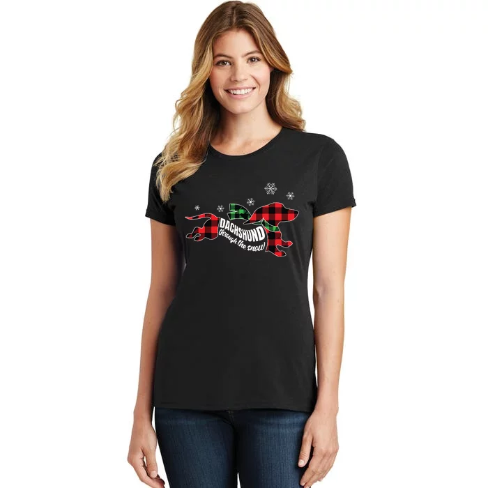 Dachshund Through The Snow Doxie Dog Plaid Christmas Gift Women's T-Shirt