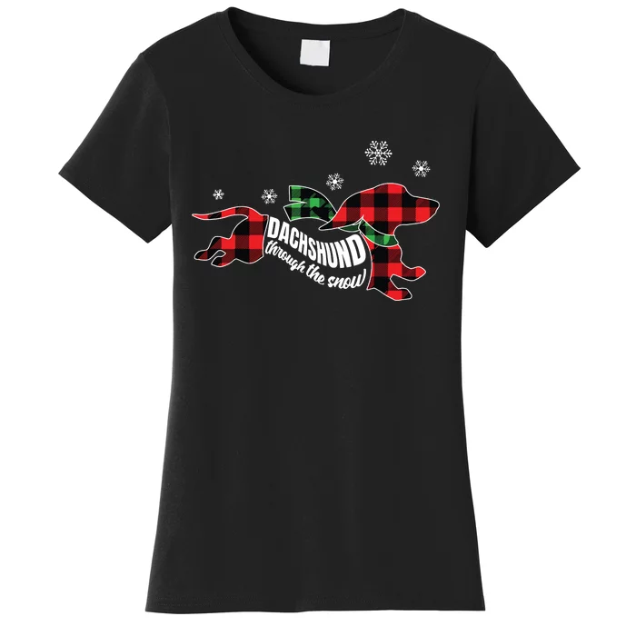 Dachshund Through The Snow Doxie Dog Plaid Christmas Gift Women's T-Shirt