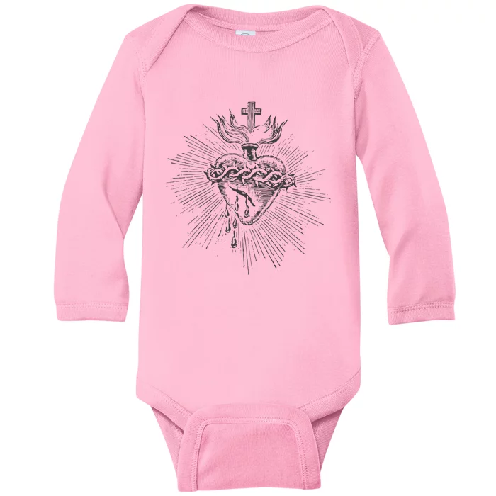 Devotion to the Sacred Heart of Jesus Vintage Catholic Art Baby Long Sleeve Bodysuit