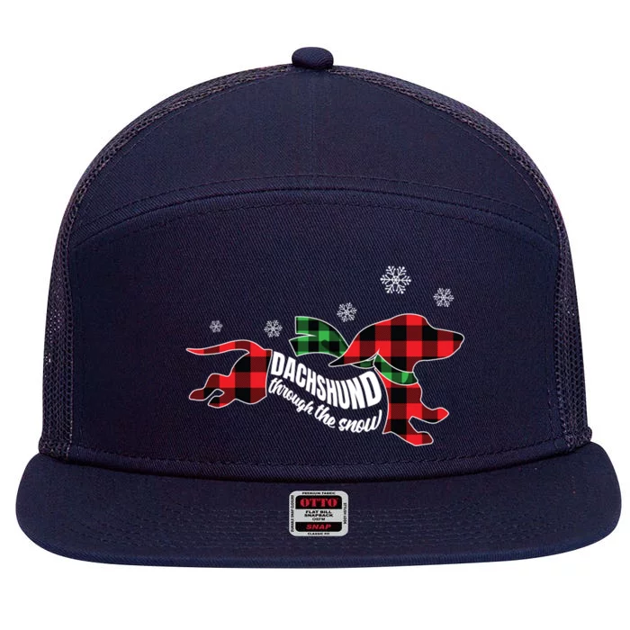 Dachshund Through The Snow Doxie Dog Plaid Christmas Gift 7 Panel Mesh Trucker Snapback Hat