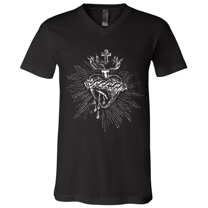 Devotion To The Sacred Heart Of Jesus Vintage Catholic Art V-Neck T-Shirt