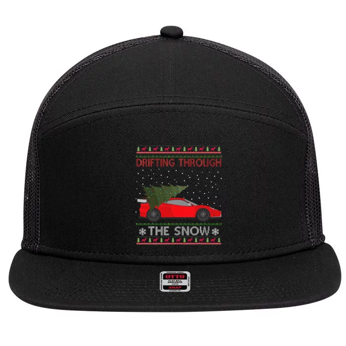 Drifting Through The Snow Ugly Christmas Sweater Tree Car 7 Panel Mesh Trucker Snapback Hat