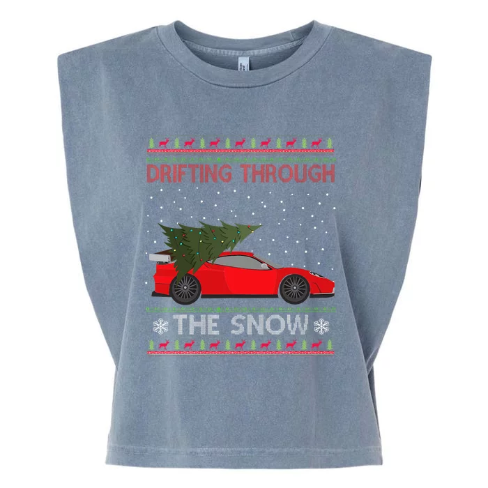 Drifting Through The Snow Ugly Christmas Sweater Tree Car Garment-Dyed Women's Muscle Tee