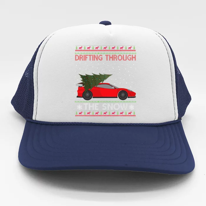 Drifting Through The Snow Ugly Christmas Sweater Tree Car Trucker Hat