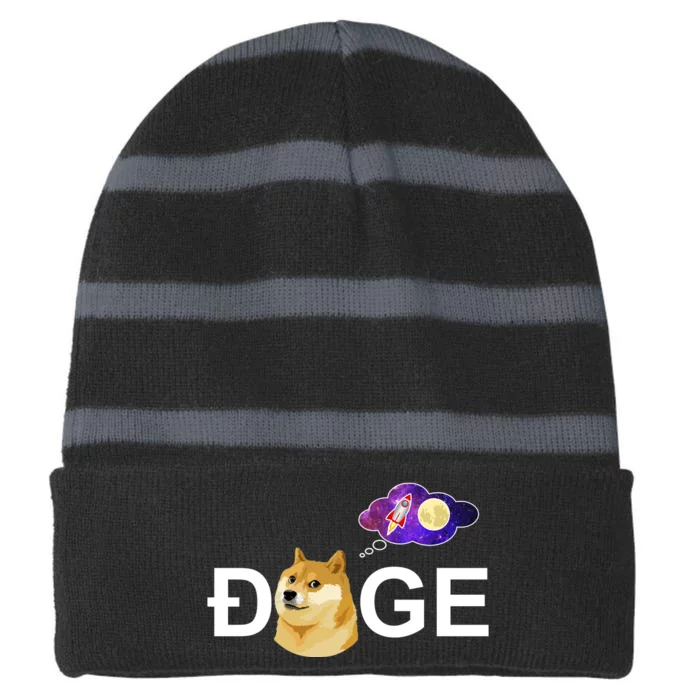 Doge To The Moon Galaxy Cryptocurrency Striped Beanie with Solid Band