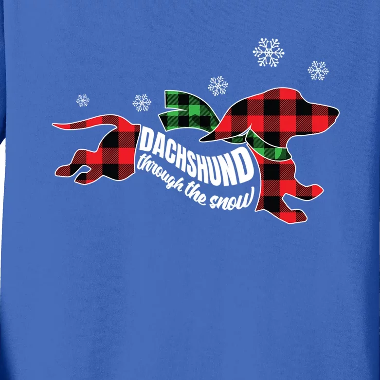 Dachshund Through The Snow Doxie Dog Plaid Christmas Gift Kids Long Sleeve Shirt