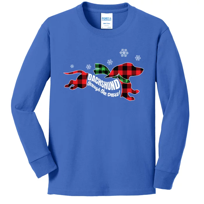 Dachshund Through The Snow Doxie Dog Plaid Christmas Gift Kids Long Sleeve Shirt