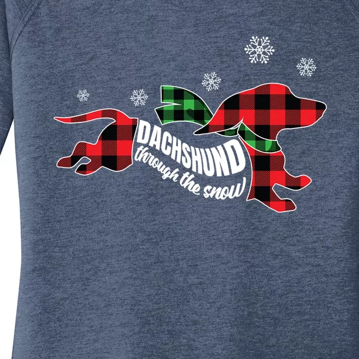 Dachshund Through The Snow Doxie Dog Plaid Christmas Gift Women's Perfect Tri Tunic Long Sleeve Shirt