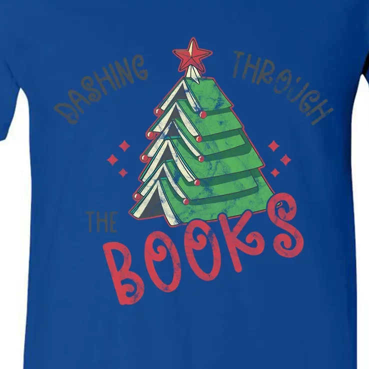 Dashing Through The Books Christmas Tree Books Red Star Funny Gift V-Neck T-Shirt