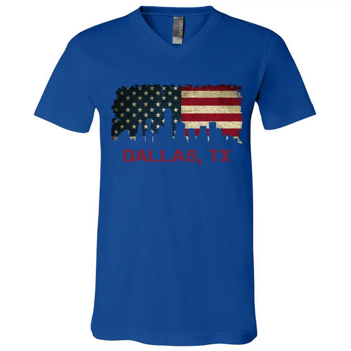 Dallas Tx Texas City Skyline Art Usa Flag American Cute Gift V-Neck T-Shirt