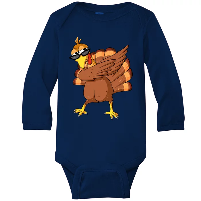 Dabbing Turkey Thanksgiving Day Celebration Pilgrim Turkey Funny Gift Baby Long Sleeve Bodysuit