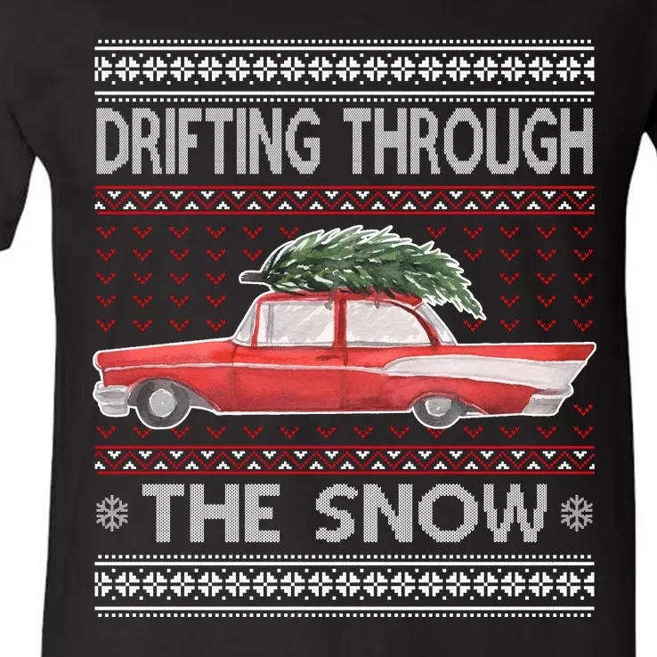 Drifting Through The Snow Ugly Christmas Sweater V-Neck T-Shirt